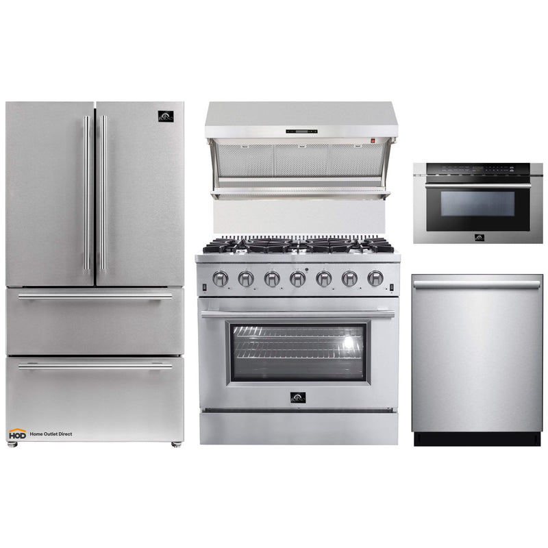 Forno 5-Piece Appliance Package - 36-Inch Gas Range, Refrigerator, Wall Mount Hood with Backsplash, 24-Inch Microwave Drawer, & 3-Rack Dishwasher in Stainless Steel
