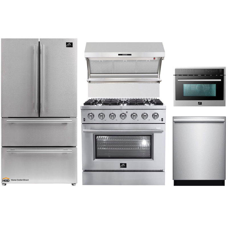 Forno 5-Piece Appliance Package - 36-Inch Gas Range, Refrigerator, Wall Mount Hood with Backsplash, 24-Inch Microwave Oven, & 3-Rack Dishwasher in Stainless Steel