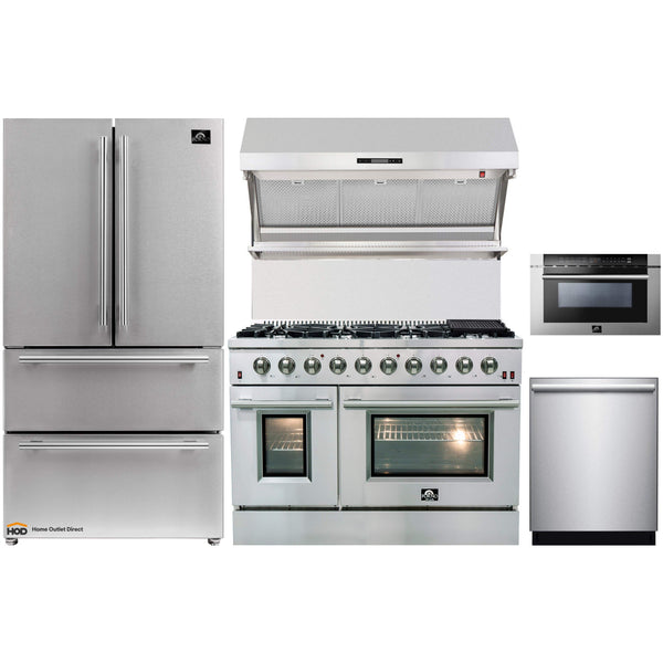 Forno 5-Piece - 48-Inch Gas Range, Refrigerator, Wall Mount Hood with Backsplash, 24-Inch Microwave Drawer, & 3-Rack Dishwasher in Stainless Steel