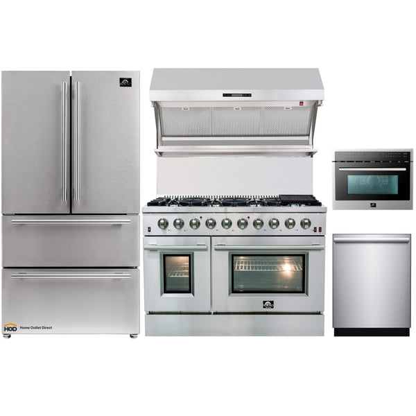 Forno 5-Piece Appliance Package - 48-Inch Gas Range, Refrigerator, Wall Mount Hood with Backsplash, 24-Inch Microwave Oven, & 3-Rack Dishwasher in Stainless Steel