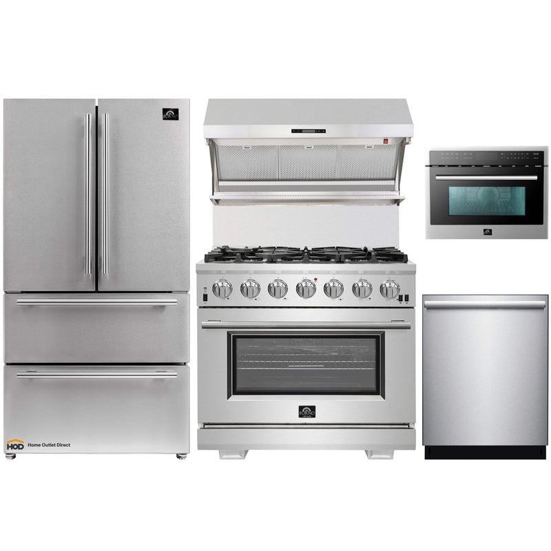 Forno 5-Piece Pro Appliance Package - 36-Inch Gas Range, Refrigerator, Wall Mount Hood with Backsplash, 24-Inch Microwave Oven, & 3-Rack Dishwasher in Stainless Steel