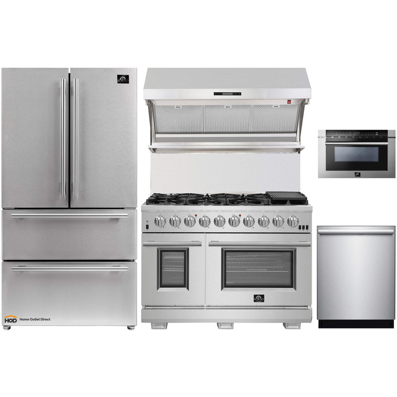 Forno 5-Piece Pro Appliance Package - 48-Inch Gas Range, Refrigerator, Wall Mount Hood with Backsplash, 24-Inch Microwave Drawer, & 3-Rack Dishwasher in Stainless Steel