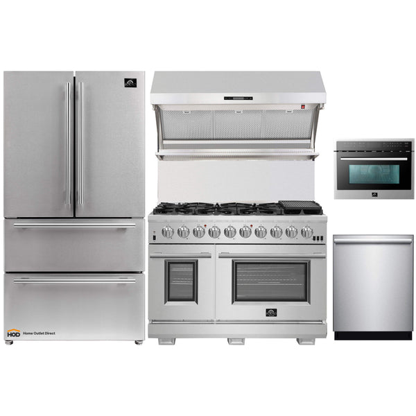 Forno 5-Piece Pro Appliance Package - 48-Inch Gas Range, Refrigerator, Wall Mount Hood with Backsplash, 24-Inch Microwave Oven, & 3-Rack Dishwasher in Stainless Steel