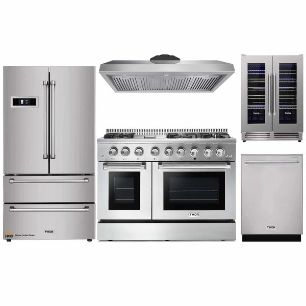 Thor Kitchen 5-Piece Pro Appliance Package - 48" Dual Fuel Range, Under Cabinet 11" Tall Hood, Refrigerator, Dishwasher, and Wine Cooler in Stainless Steel