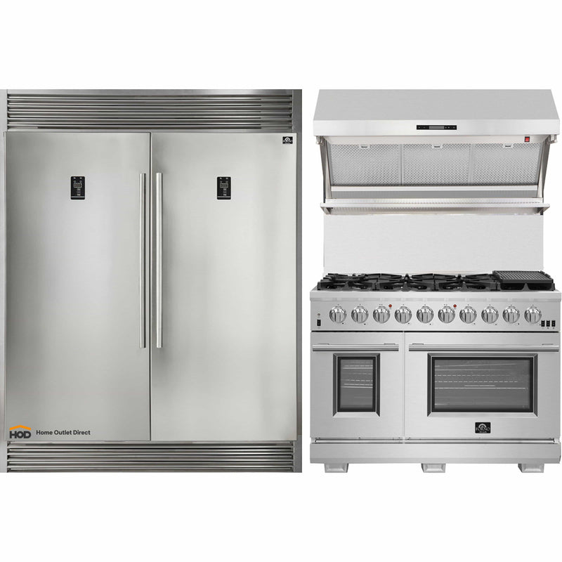 Forno 3-Piece Appliance Package - 48-Inch Gas Range, 60-Inch Pro-Style Refrigerator & Wall Mount Hood with Backsplash in Stainless Steel