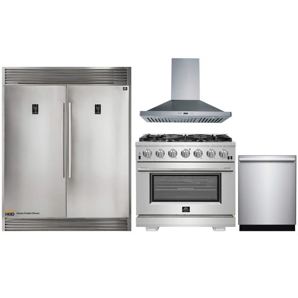 Forno 4-Piece Pro Appliance Package - 36-Inch Gas Range, 60-Inch Pro-Style Refrigerator, Wall Mount Hood, & 3-Rack Dishwasher in Stainless Steel