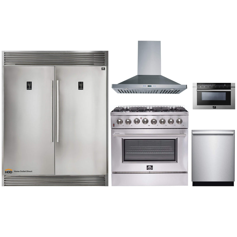 Forno 5-Piece Appliance Package - 36" Dual Fuel Range, 56" Pro-Style Refrigerator, Wall Mount Hood, Microwave Drawer, & 3-Rack Dishwasher in Stainless Steel