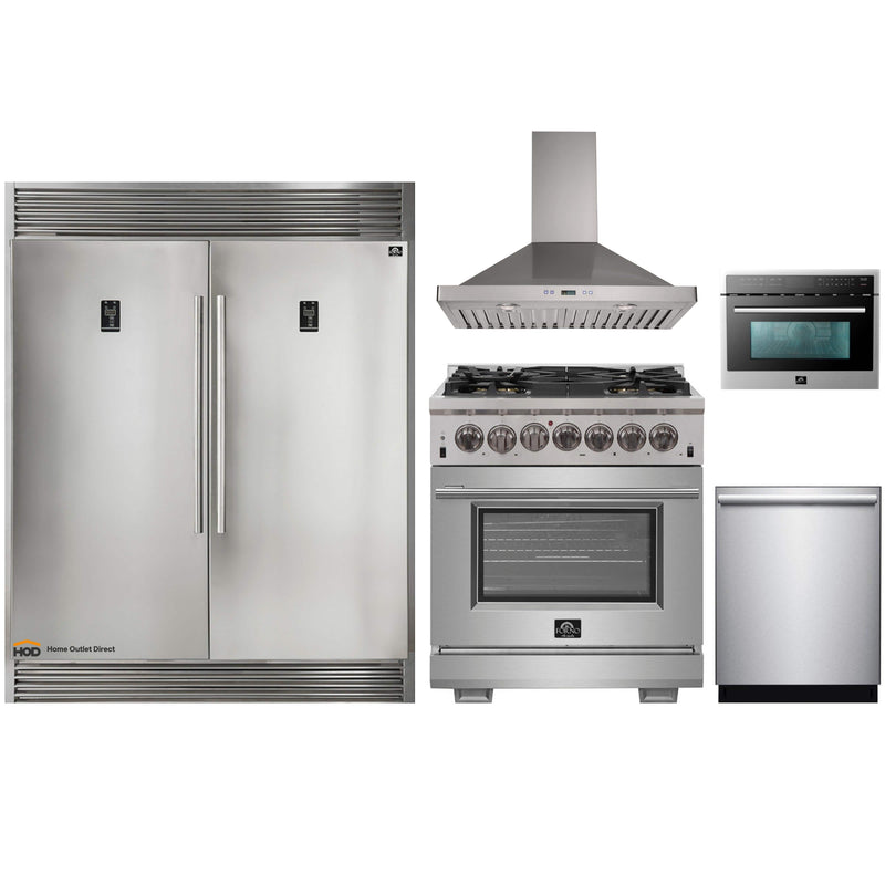Forno 5-Piece Pro Appliance Package - 30" Dual Fuel Range, 56" Pro-Style Refrigerator, Wall Mount Hood, Microwave Oven, & 3-Rack Dishwasher in Stainless Steel