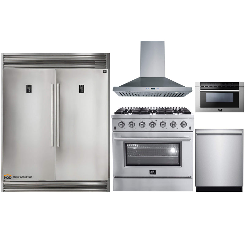 Forno 5-Piece Appliance Package - 36" Gas Range, 56" Pro-Style Refrigerator, Wall Mount Hood, Microwave Drawer, & 3-Rack Dishwasher in Stainless Steel