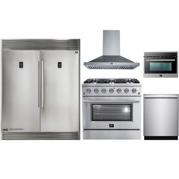 Forno 5-Piece Appliance Package - 36-Inch Gas Range, 60-Inch Pro-Style Refrigerator, Wall Mount Hood, Microwave Oven, & 3-Rack Dishwasher in Stainless Steel