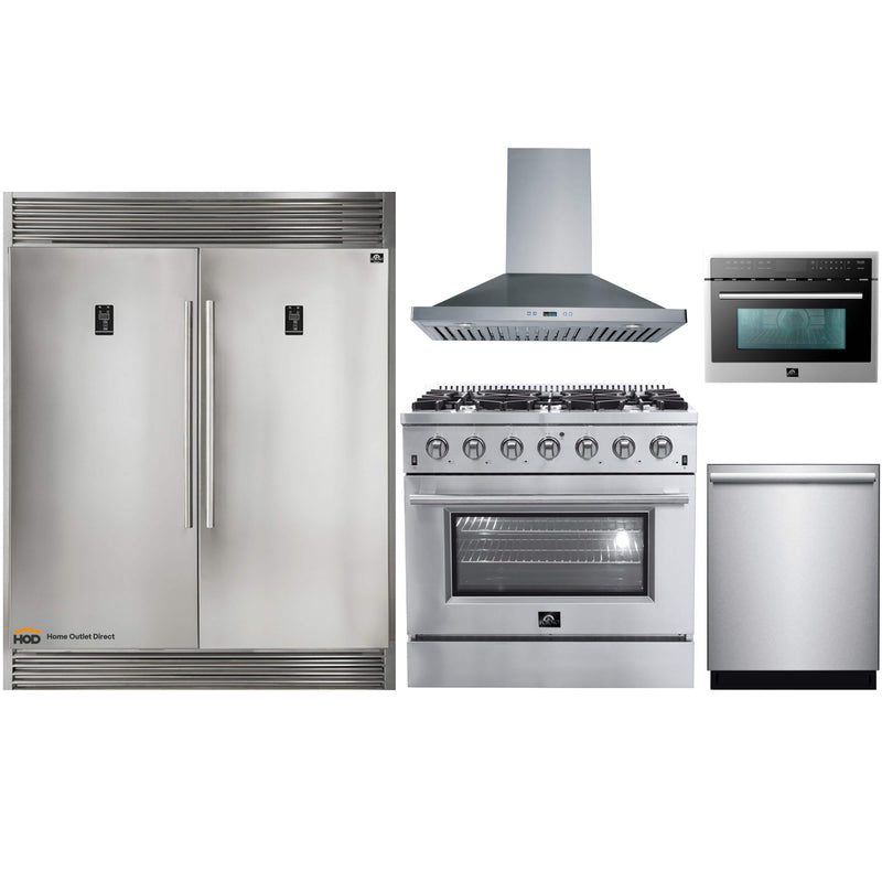Forno 5-Piece Appliance Package - 36" Gas Range, 56" Pro-Style Refrigerator, Wall Mount Hood, Microwave Oven, & 3-Rack Dishwasher in Stainless Steel