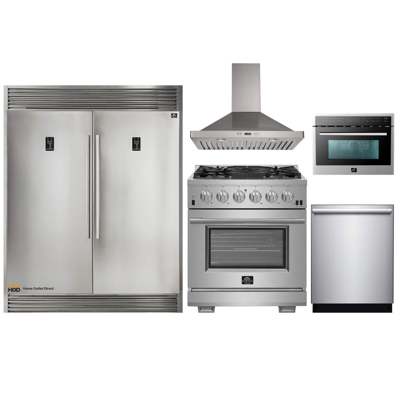 Forno 5-Piece Pro Appliance Package - 30" Gas Range, 56" Pro-Style Refrigerator, Wall Mount Hood, Microwave Oven, & 3-Rack Dishwasher in Stainless Steel