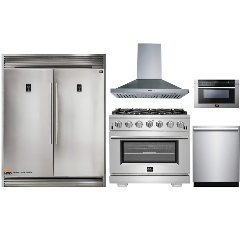 Forno 5-Piece Pro Appliance Package - 36" Gas Range, 56" Pro-Style Refrigerator, Wall Mount Hood, Microwave Drawer, & 3-Rack Dishwasher in Stainless Steel
