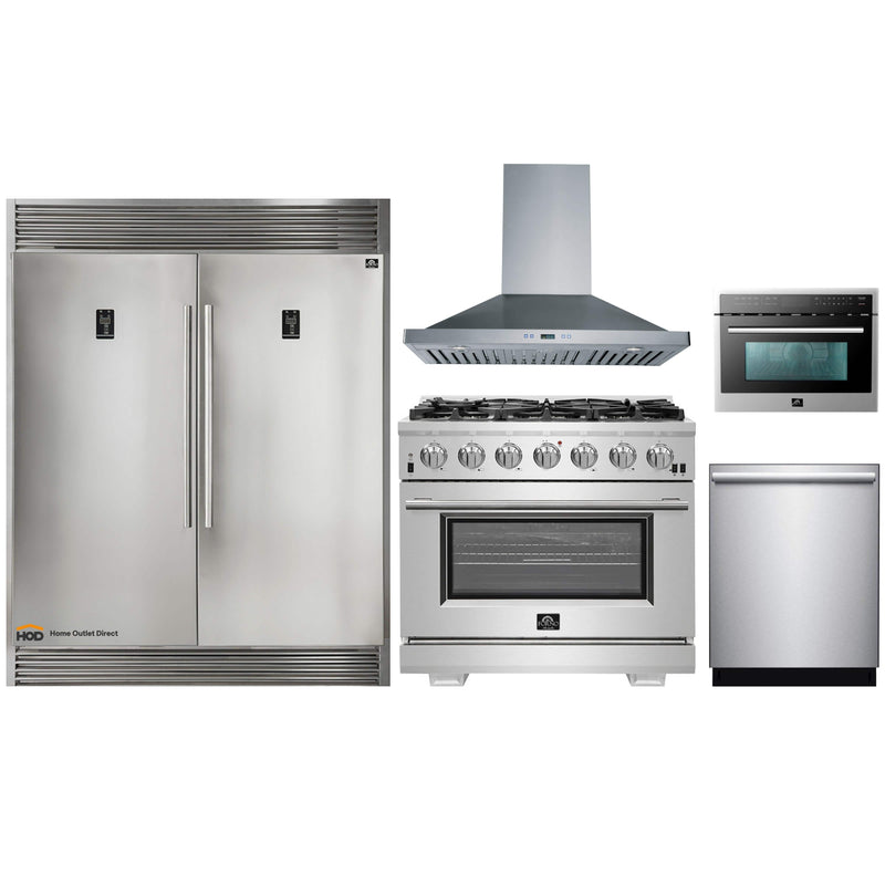 Forno 5-Piece Pro Appliance Package - 36" Gas Range, 56" Pro-Style Refrigerator, Wall Mount Hood, Microwave Oven, & 3-Rack Dishwasher in Stainless Steel