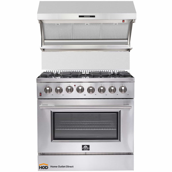 Forno 2-Piece Appliance Package - 36" Dual Fuel Range & Wall Mount Hood with Backsplash in Stainless Steel