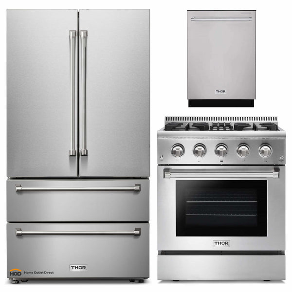 Thor Kitchen 3-Piece Pro Appliance Package - 30" Dual Fuel Range, Dishwasher & Refrigerator in Stainless Steel