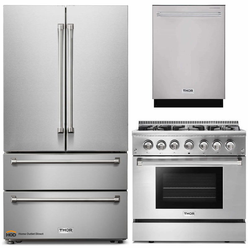 Thor Kitchen 3-Piece Pro Appliance Package - 36" Dual Fuel Range, Dishwasher & Refrigerator in Stainless Steel