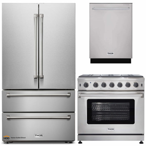 Thor Kitchen 3-Piece Appliance Package - 36" Gas Range, Dishwasher & Refrigerator in Stainless Steel