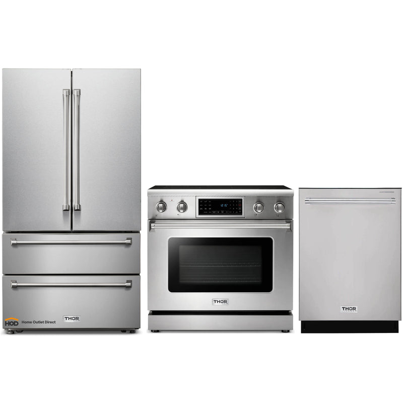 Thor Kitchen 3-Piece Appliance Package - 36" Electric Range with Tilt Panel, French Door Refrigerator, and Dishwasher in Stainless Steel