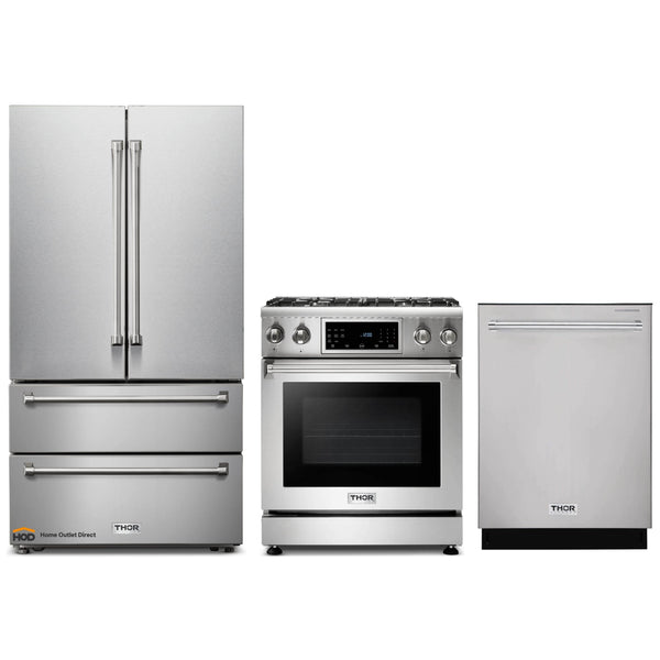 Thor Kitchen 3-Piece Appliance Package - 30" Gas Range with Tilt Panel, Dishwasher & Refrigerator in Stainless Steel