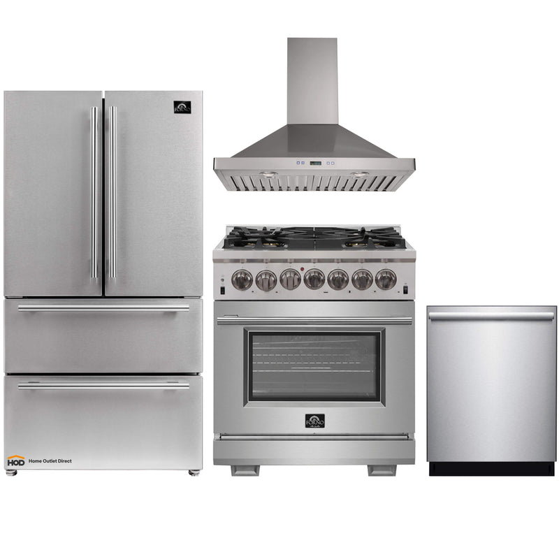 Forno 4-Piece Pro Appliance Package - 30" Dual Fuel Range, 36" Refrigerator, Wall Mount Hood, & 3-Rack Dishwasher in Stainless Steel