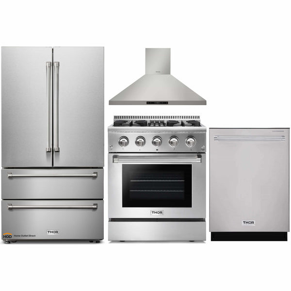 Thor Kitchen 4-Piece Pro Appliance Package - 30" Dual Fuel Range, French Door Refrigerator, Wall Mount Hood and Dishwasher in Stainless Steel