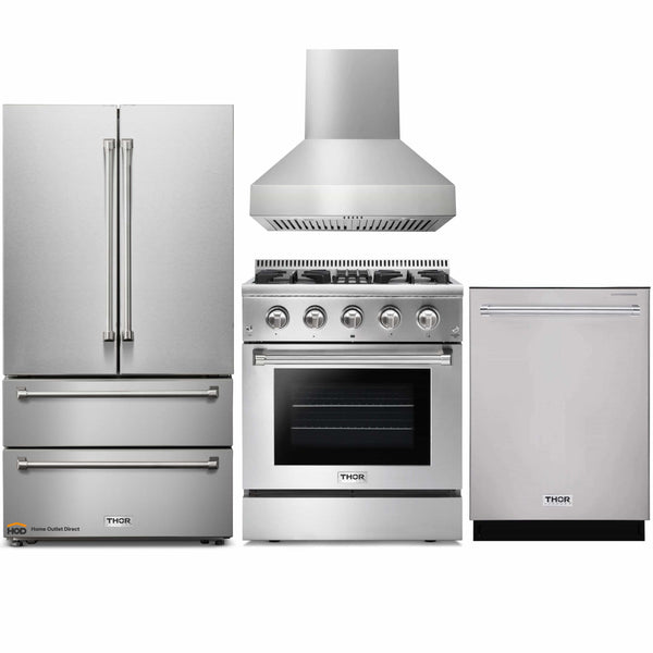 Thor Kitchen 4-Piece Pro Appliance Package - 30" Dual Fuel Range, French Door Refrigerator Pro-Style Wall Mount Hood and Dishwasher in Stainless Steel