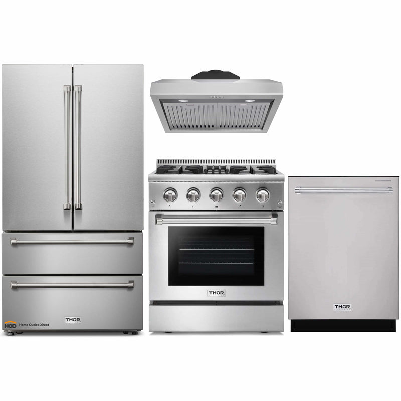 Thor Kitchen 4-Piece Pro Appliance Package - 30" Dual Fuel Range, French Door Refrigerator, Under Cabinet Hood and Dishwasher in Stainless Steel