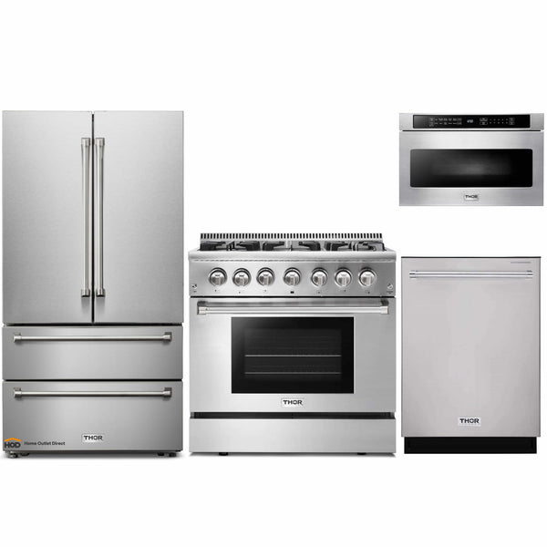 Thor Kitchen 4-Piece Pro Appliance Package - 36" Dual Fuel Range, French Door Refrigerator, Dishwasher, and Microwave Drawer in Stainless Steel