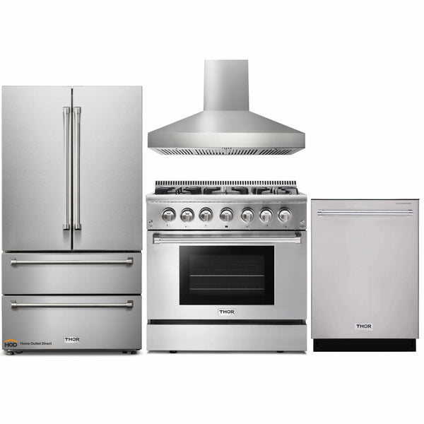 Thor Kitchen 4-Piece Pro Appliance Package - 36" Dual Fuel Range, French Door Refrigerator, Pro-Style Wall Mount Hood and Dishwasher in Stainless Steel