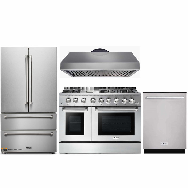 Thor Kitchen 4-Piece Pro Appliance Package - 48" Dual Fuel Range, French Door Refrigerator, Dishwasher & Under Cabinet 16.5" Tall Hood in Stainless Steel