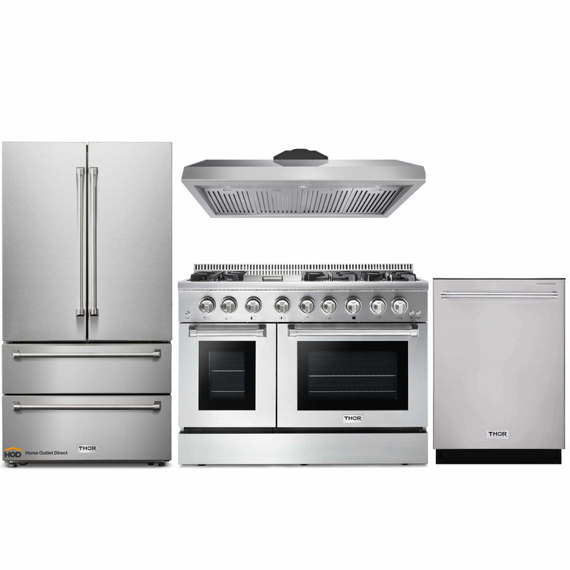 Thor Kitchen 4-Piece Pro Appliance Package - 48" Dual Fuel Range, French Door Refrigerator, Dishwasher & Under Cabinet 11" Tall Hood in Stainless Steel