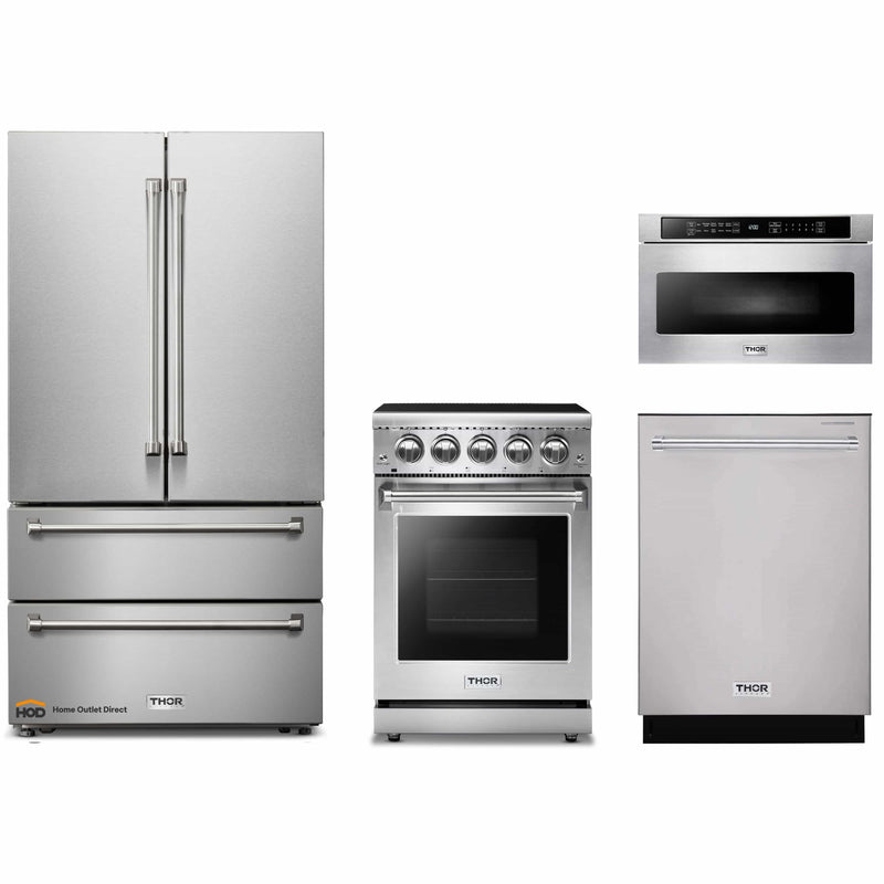 Thor Kitchen 4-Piece Appliance Package - 24" Electric Range, French Door Refrigerator, Dishwasher, and Microwave Drawer in Stainless Steel