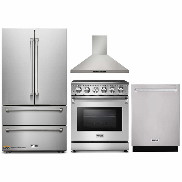 Thor Kitchen 4-Piece Appliance Package - 30" Electric Range, French Door Refrigerator, Wall Mount Hood, and Dishwasher in Stainless Steel