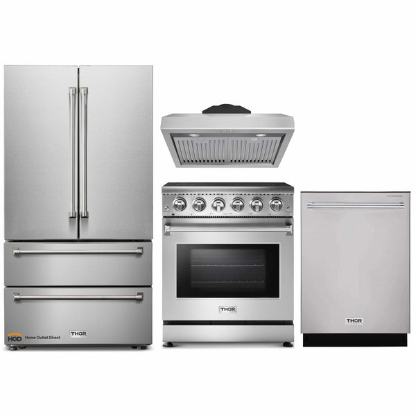Thor Kitchen 4-Piece Appliance Package - 30" Electric Range, French Door Refrigerator, Under Cabinet Hood, and Dishwasher in Stainless Steel