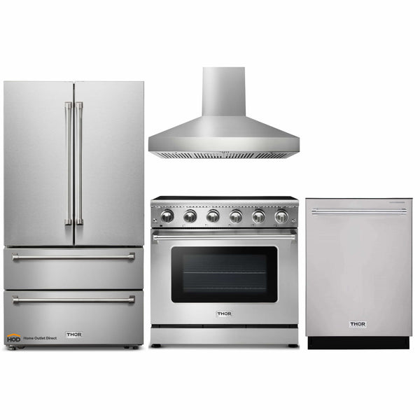 Thor Kitchen 4-Piece Appliance Package - 36" Electric Range, French Door Refrigerator, Pro-Style Wall Mount Hood, and Dishwasher in Stainless Steel