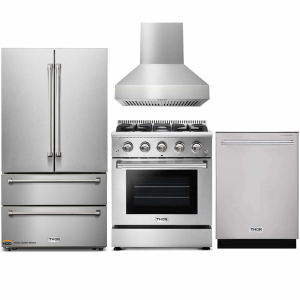 Thor Kitchen 4-Piece Pro Appliance Package - 30" Gas Range, French Door Refrigerator, Pro-StyleWall Mount Hood and Dishwasher in Stainless Steel