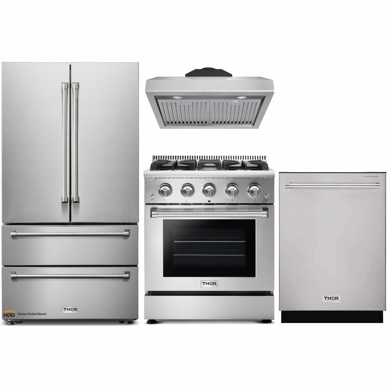 Thor Kitchen 4-Piece Pro Appliance Package - 30" Gas Range, French Door Refrigerator, Under Cabinet Hood and Dishwasher in Stainless Steel