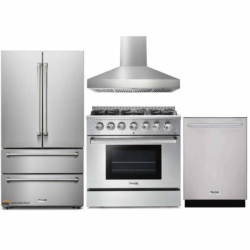 Thor Kitchen 4-Piece Pro Appliance Package - 36" Gas Range, French Door Refrigerator, Pro-Style Wall Mount Hood and Dishwasher in Stainless Steel