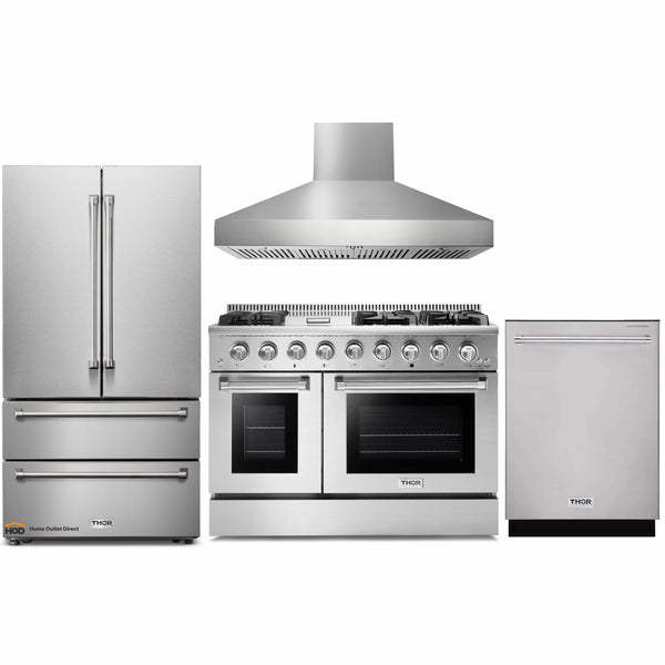Thor Kitchen 4-Piece Pro Appliance Package - 48" Gas Range, Pro Wall Mount Hood, French Door Refrigerator, and Dishwasher in Stainless Steel