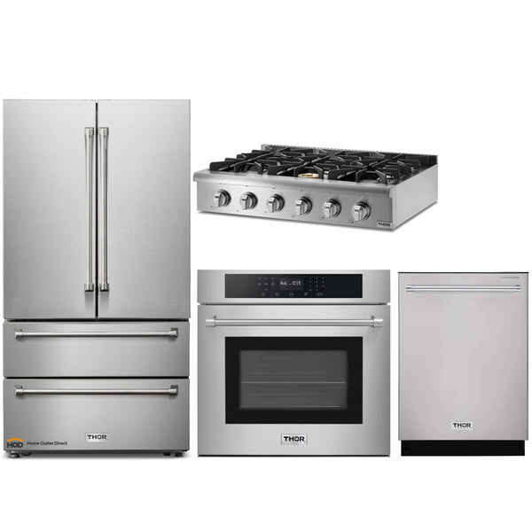 Thor Kitchen 4-Piece Pro Appliance Package - 36" Rangetop, Wall Oven, Dishwasher & Refrigerator in Stainless Steel