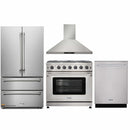 Thor Kitchen 4-Piece Appliance Package - 36" Gas Range, French Door Refrigerator, Wall Mount Hood, and Dishwasher in Stainless Steel