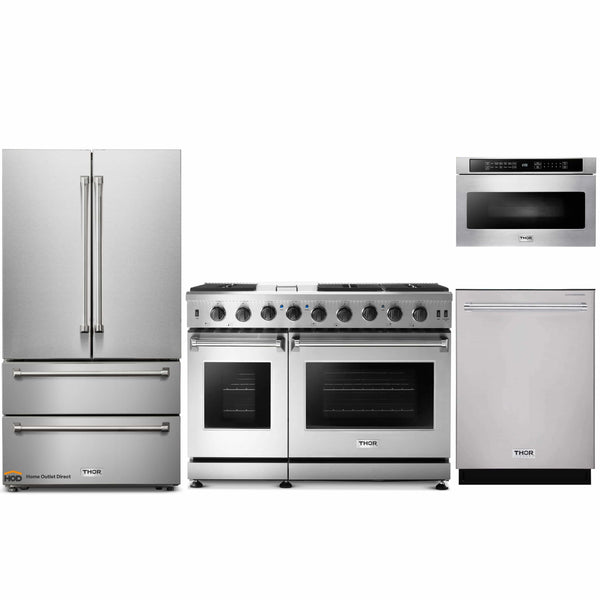 Thor Kitchen 4-Piece Appliance Package - 48" Gas Range, French Door Refrigerator, Dishwasher, and Microwave Drawer in Stainless Steel