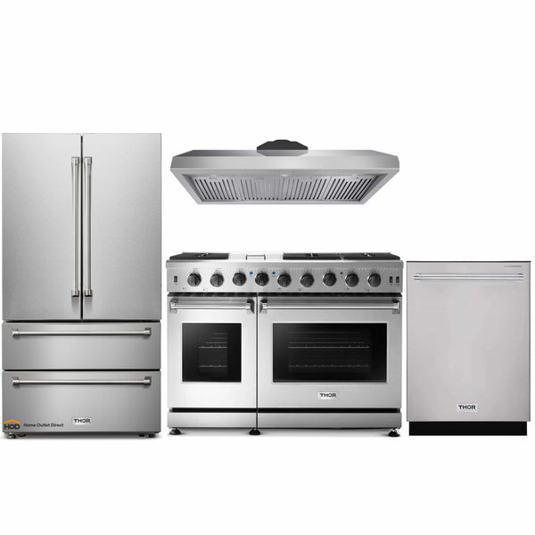 Thor Kitchen 4-Piece Appliance Package - 48" Gas Range, French Door Refrigerator, Dishwasher & Under Cabinet 11" Tall Hood in Stainless Steel