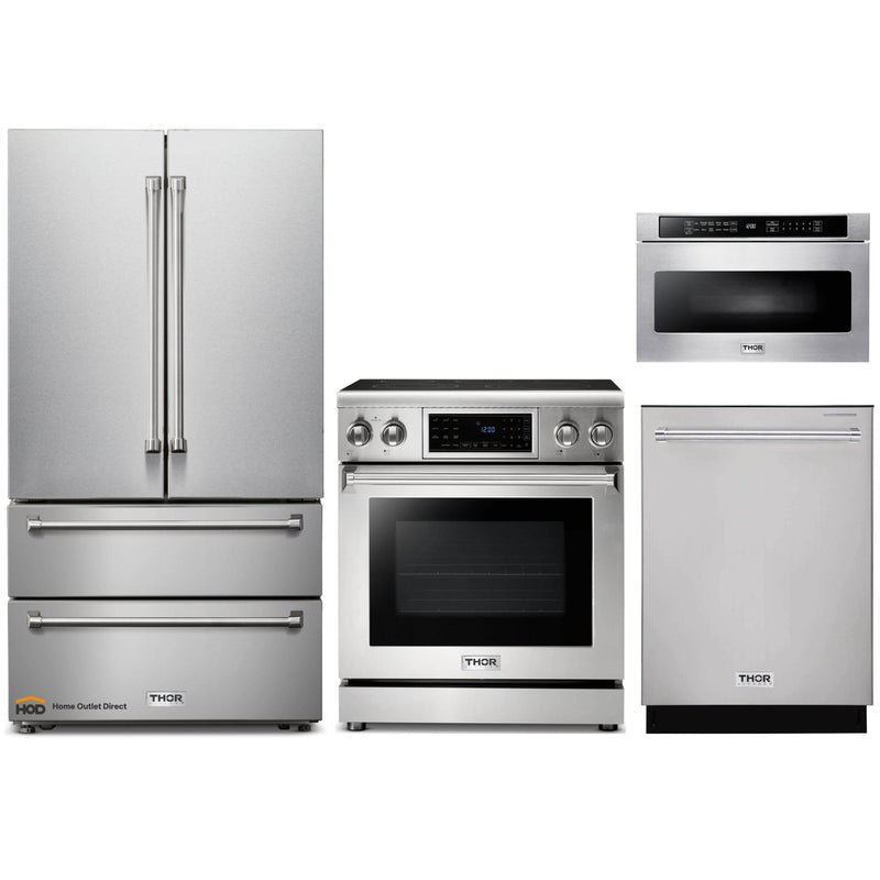 Thor Kitchen 4-Piece Appliance Package - 30" Electric Range with Tilt Panel, French Door Refrigerator, Dishwasher, and Microwave Drawer in Stainless Steel