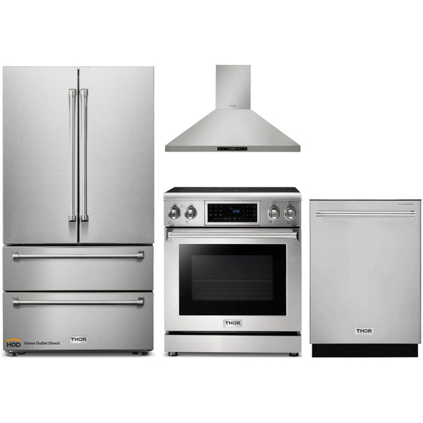 Thor Kitchen 4-Piece Appliance Package - 30" Electric Range with Tilt Panel, French Door Refrigerator, Wall Mount Hood, and Dishwasher in Stainless Steel