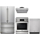 Thor Kitchen 4-Piece Appliance Package - 30" Electric Range with Tilt Panel, French Door Refrigerator, Under Cabinet Hood, and Dishwasher in Stainless Steel