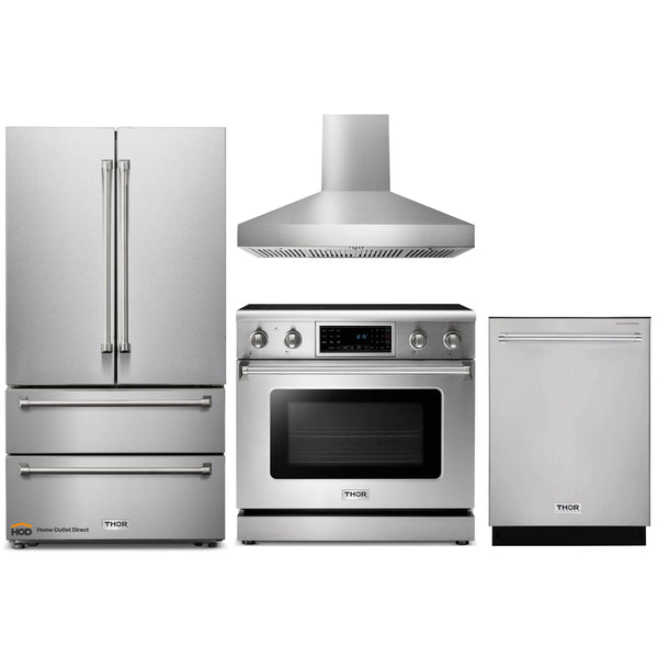 Thor Kitchen 4-Piece Appliance Package - 36" Electric Range with Tilt Panel, French Door Refrigerator, Pro-Style Wall Mount Hood, and Dishwasher in Stainless Steel