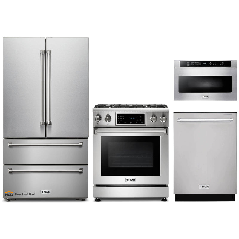 Thor Kitchen 4-Piece Appliance Package - 30" Gas Range with Tilt Panel, French Door Refrigerator, Dishwasher, and Microwave Drawer in Stainless Steel