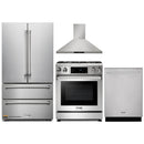 Thor Kitchen 4-Piece Appliance Package - 30" Gas Range with Tilt Panel, French Door Refrigerator, Wall Mount Hood, and Dishwasher in Stainless Steel